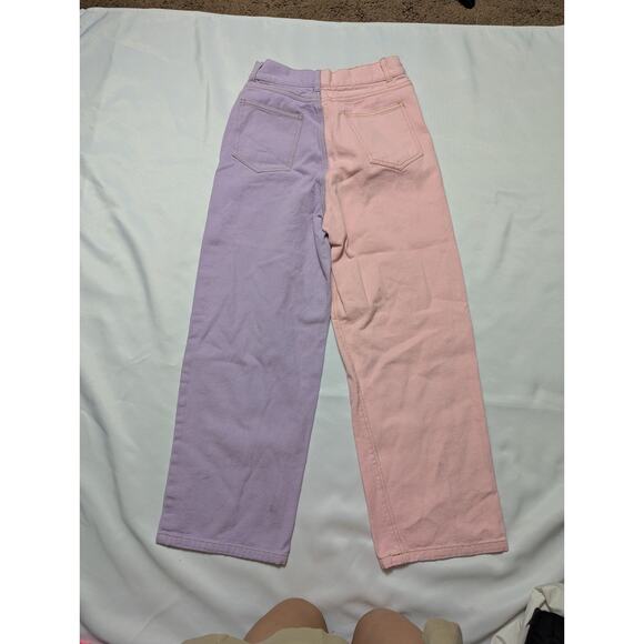 Shekou Two Tone Split Pink Purple High Rise Denim Jeans KPop Wide Leg Size S 24 - Picture 2 of 4